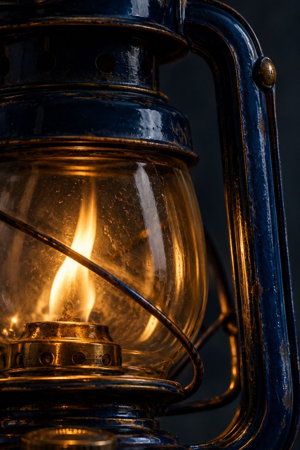 Amber light through the glass of a midnight blue lantern