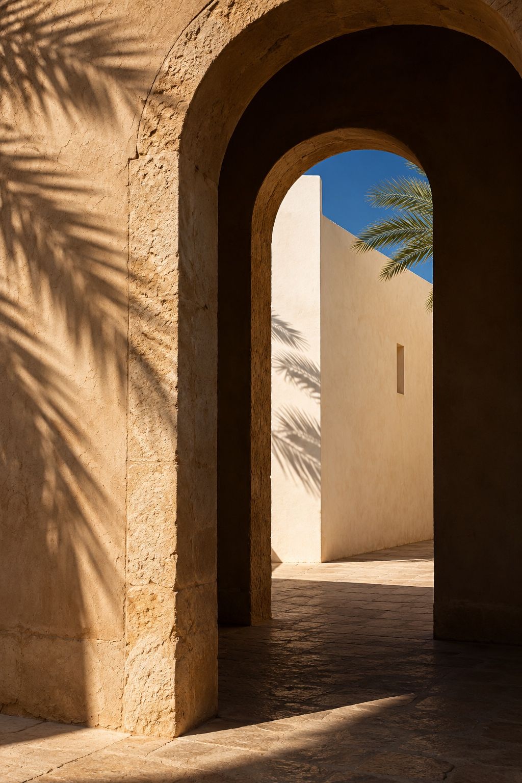 Sunlight and palm shadows across a limestone archway