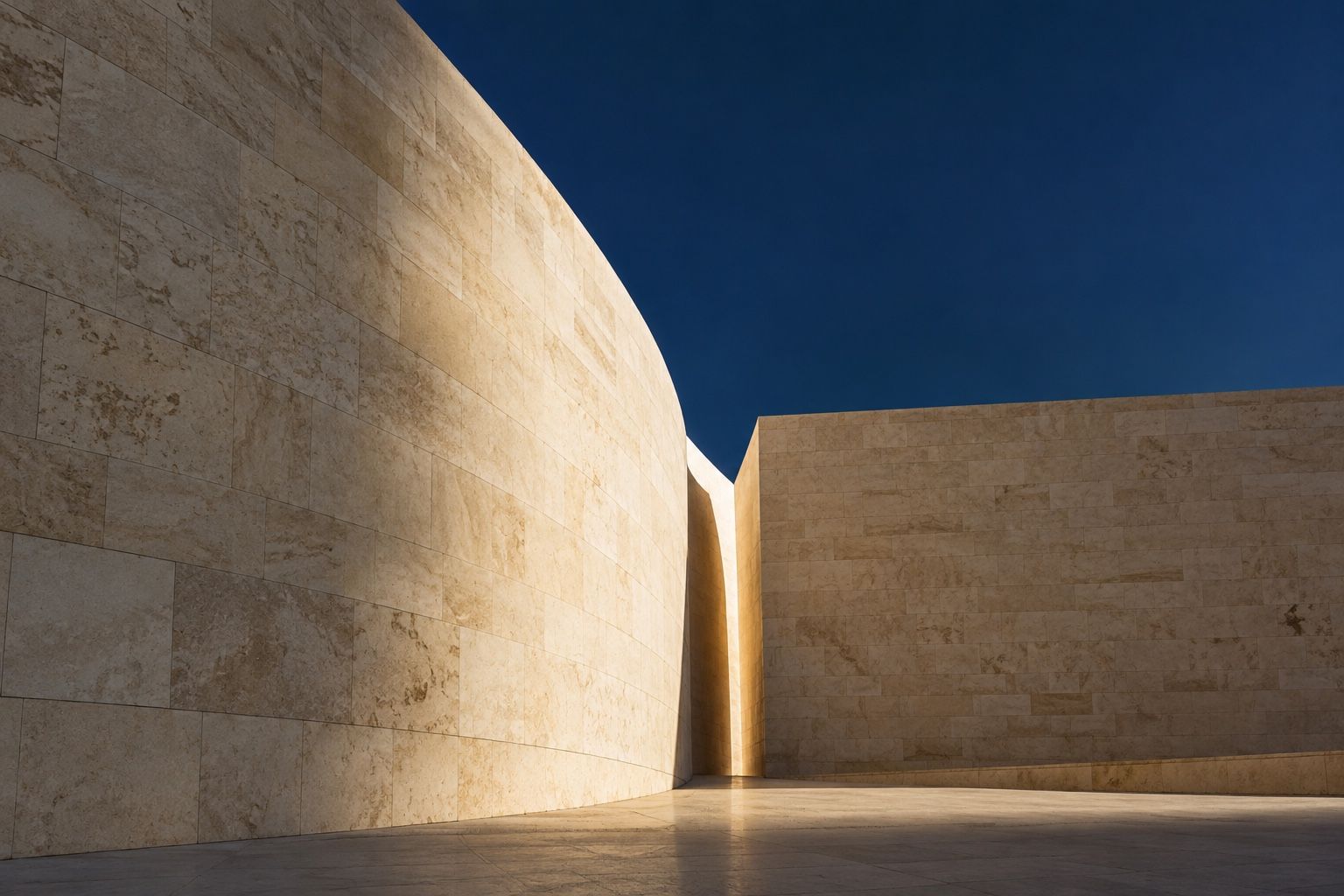 Curved limestone walls meeting beneath a deep blue sky
